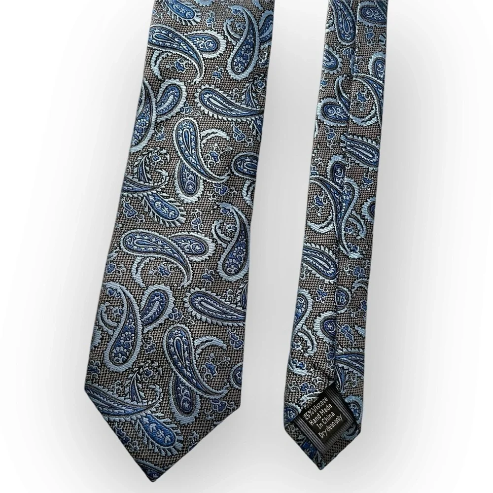 Pronto Uomo Platinum men’s paisley silk blend blue gray hand made neck tie